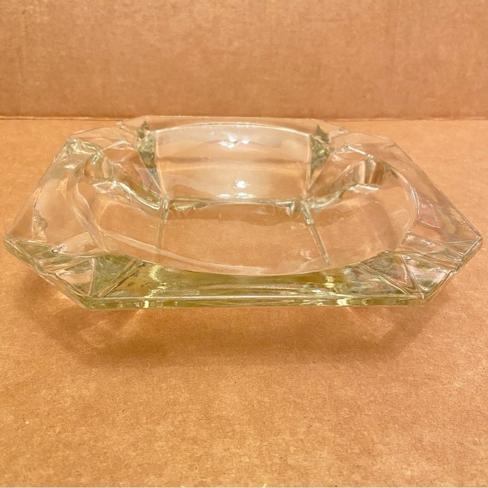 Mid Century Modern Vintage Cut Glass 8.5” Wide Heavy Cigar Smoking Ashtray